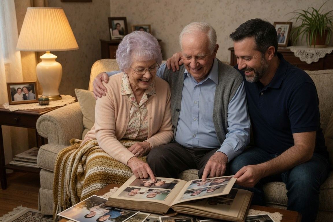 Family members looking at photos together