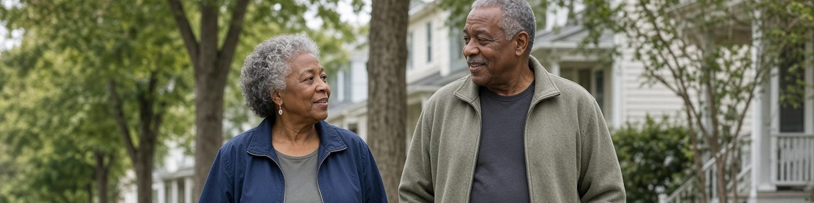 An older couple walking their dog through the neighborhood