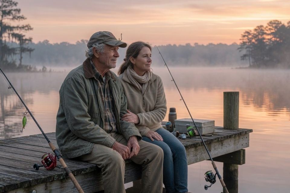 A father and adult daughter sitting together by a lake