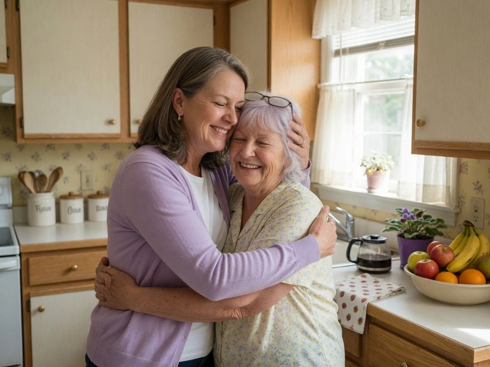 An adult daughter hugging her mother in the kitchen