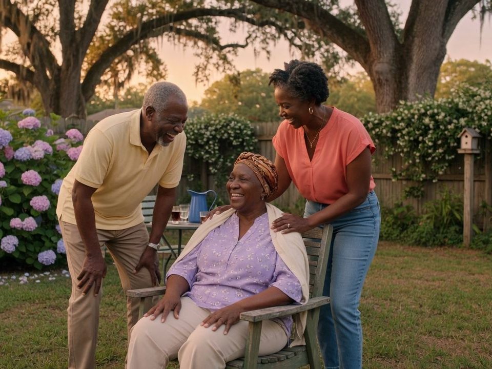 A family gathered together in the backyard