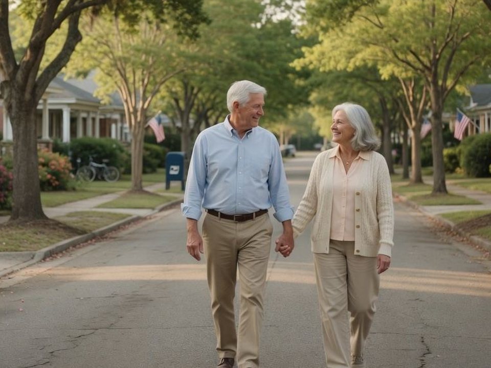 An older couple walking hand in hand down a quiet street