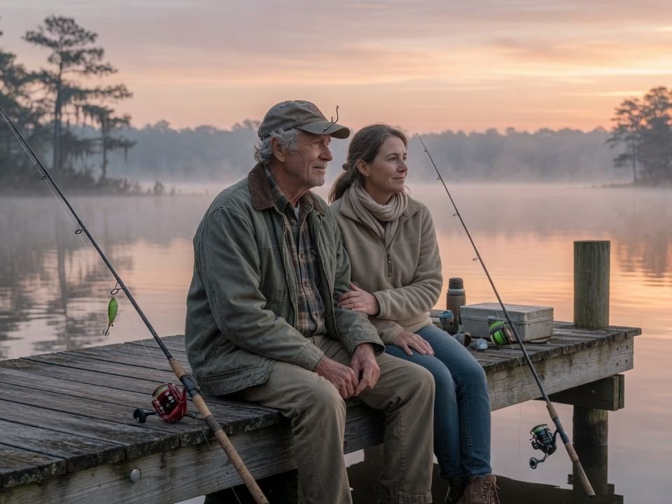 A father and adult daughter fishing on a dock at sunrise