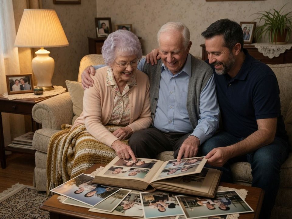 Grandparents and their son looking through a family photo album