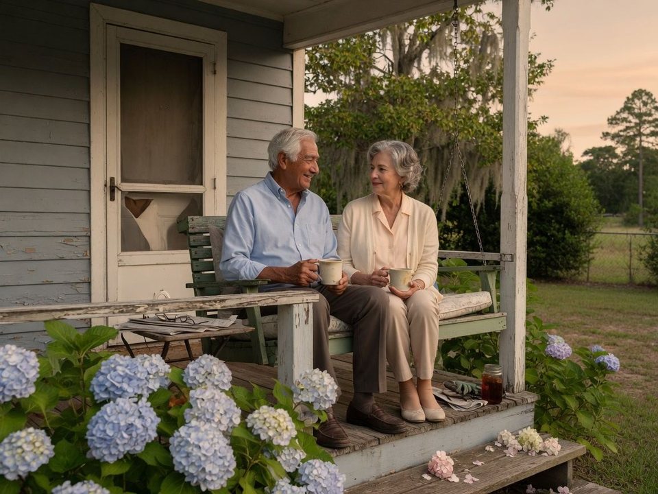 A couple sitting together on their front porch