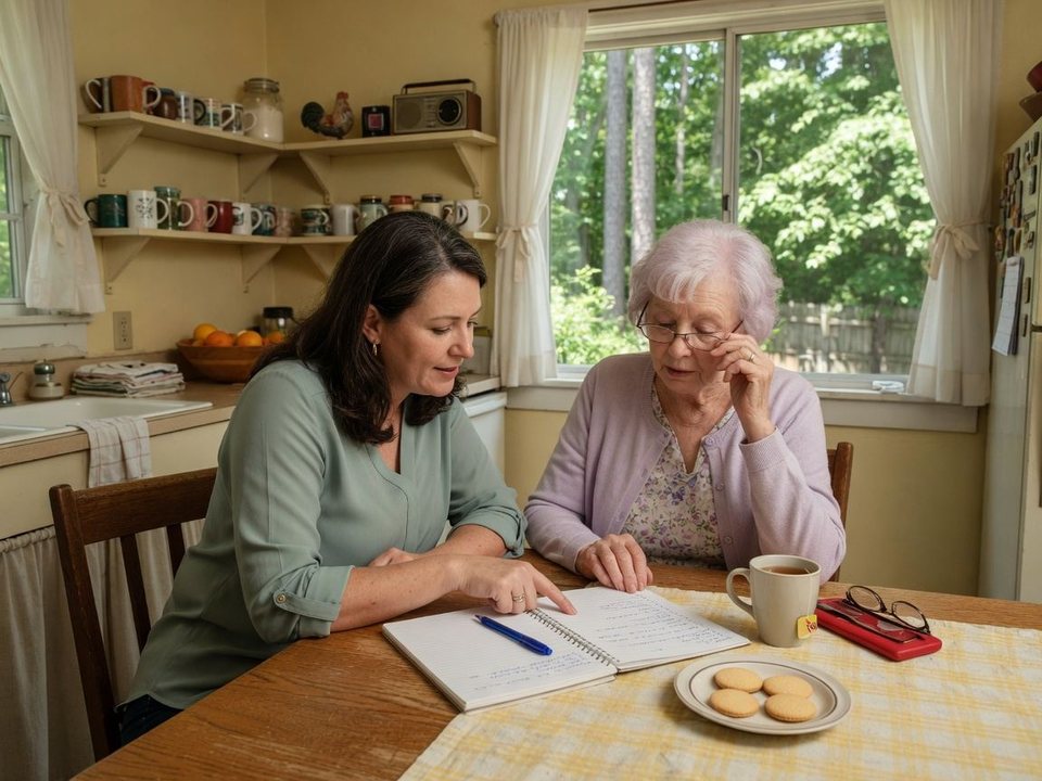 A daughter helping her mother with paperwork at the kitchen table