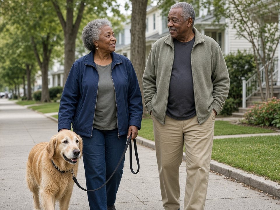 An older couple walking their dog through the neighborhood